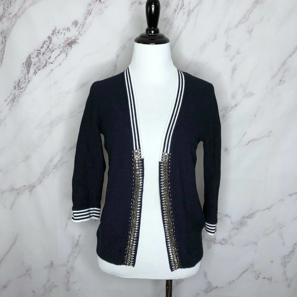 Pinko Tag Navy Open Front Jeweled Cardigan Sweater
